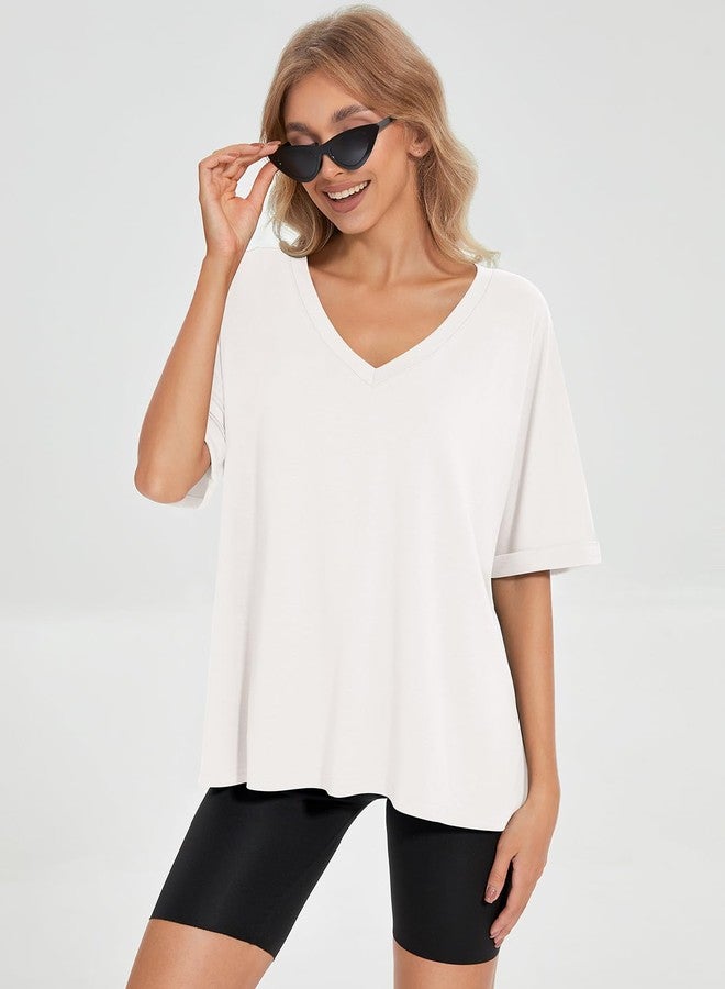 UEU Womens Summer Tops V Neck Short Sleeve Loose Fitting Gym Yoga Shirts Medium Milky White - Image 4